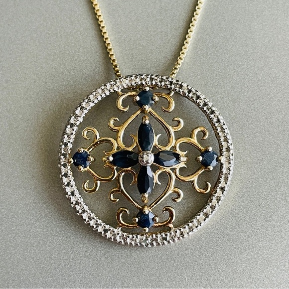 Jewelry - SAPPHIRE, DIAMOND GOLD VERMEIL FILIGREE STERLING SILV MEDALLION PENDANT …
